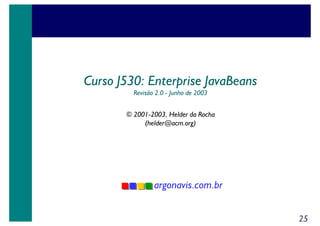 Curso J530: Enterprise JavaBeans
Revisão 2.0 - Junho de 2003

© 2001-2003, Helder da Rocha
(helder@acm.org)

argonavis.com.br
25

 