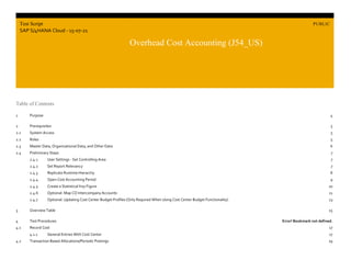 Overhead Cost Accounting (J54_US)
Purpose
PUBLIC
© 2021 SAP SE or an SAP affiliate company. All rights reserved. 1
Table of Contents
1 Purpose 4
2 Prerequisites 5
2.1 System Access 5
2.2 Roles 5
2.3 Master Data, Organizational Data, and Other Data 6
2.4 Preliminary Steps 7
2.4.1 User Settings - Set Controlling Area 7
2.4.2 Set Report Relevancy 7
2.4.3 Replicate Runtime Hierarchy 8
2.4.4 Open Cost Accounting Period 9
2.4.5 Create a Statistical Key Figure 10
2.4.6 Optional: Map CO Intercompany Accounts 11
2.4.7 Optional: Updating Cost Center Budget Profiles (Only Required When Using Cost Center Budget Functionality) 13
3 Overview Table 15
4 Test Procedures Error! Bookmark not defined.
4.1 Record Cost 17
4.1.1 General Entries With Cost Center 17
4.2 Transaction Based Allocations/Periodic Postings 19
Test Script
SAP S/4HANA Cloud - 15-07-21
PUBLIC
Overhead Cost Accounting (J54_US)
 