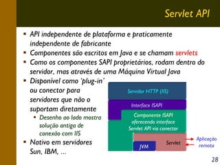 Servlet API
API independente de plataforma e praticamente
independente de fabricante
Componentes são escritos em Java e se chamam servlets
Como os componentes SAPI proprietários, rodam dentro do
servidor, mas através de uma Máquina Virtual Java
Disponível como ‘plug-in’
ou conector para
Servidor HTTP (IIS)
servidores que não o
Interface ISAPI
suportam diretamente
Desenho ao lado mostra
solução antiga de
conexão com IIS

Nativo em servidores
Sun, IBM, ...

Componente ISAPI
oferecendo interface
Servlet API via conector
JVM

Servlet

Aplicação
remota

28

 