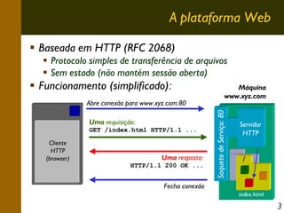 A plataforma Web
Baseada em HTTP (RFC 2068)
Protocolo simples de transferência de arquivos
Sem estado (não mantém sessão aberta)
Abre conexão para www.xyz.com:80
Uma requisição:
GET /index.html HTTP/1.1 ...
Cliente
HTTP
(browser)

Uma resposta:
HTTP/1.1 200 OK ...

Máquina
www.xyz.com

Soquete de Serviço: 80

Funcionamento (simplificado):

Servidor
HTTP

/

Fecha conexão
index.html

3

 
