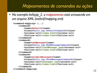 Mapeamentos de comandos ou ações
No exemplo hellojsp_2, o mapeamento está armazendo em
um arquivo XML (webinf/mapping.xml)
<command-mapping> (...)
<command>
<name>default</name>
<class>hello.jsp.DefaultCommand</class>
<success-url>/index.html</success-url>
<failure-url>/index.html</failure-url>
</command>
<command>
<name>newMessage</name>
<class>hello.jsp.NewMessageCommand</class>
<success-url>/lastMessage.jsp</success-url>
<failure-url>/index.html</failure-url>
</command>
<command>
<name>showAllMessages</name>
<class>hello.jsp.ShowMessagesCommand</class>
<success-url>/messages.jsp</success-url>
<failure-url>/index.html</failure-url>
</command>
</command-mapping>

12

 