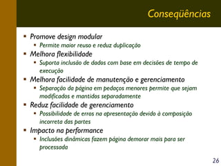 Conseqüências
Promove design modular
Permite maior reuso e reduz duplicação

Melhora flexibilidade
Suporta inclusão de dados com base em decisões de tempo de
execução

Melhora facilidade de manutenção e gerenciamento
Separação da página em pedaços menores permite que sejam
modificados e mantidos separadamente

Reduz facilidade de gerenciamento
Possibilidade de erros na apresentação devido à composição
incorreta das partes

Impacto na performance
Inclusões dinâmicas fazem página demorar mais para ser
processada
26

 