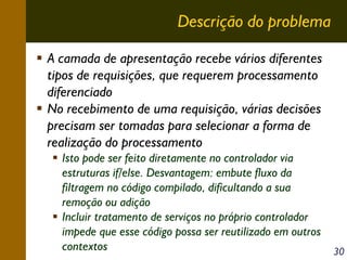 Descrição do problema
A camada de apresentação recebe vários diferentes
tipos de requisições, que requerem processamento
diferenciado
No recebimento de uma requisição, várias decisões
precisam ser tomadas para selecionar a forma de
realização do processamento
Isto pode ser feito diretamente no controlador via
estruturas if/else. Desvantagem: embute fluxo da
filtragem no código compilado, dificultando a sua
remoção ou adição
Incluir tratamento de serviços no próprio controlador
impede que esse código possa ser reutilizado em outros
contextos

30

 