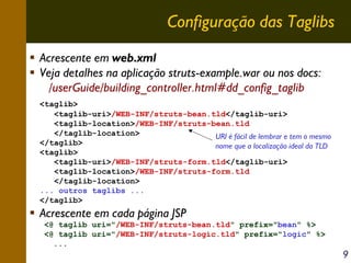 Configuração das Taglibs
Acrescente em web.xml
Veja detalhes na aplicação struts-example.war ou nos docs:
/userGuide/building_controller.html#dd_config_taglib
<taglib>
<taglib-uri>/WEB-INF/struts-bean.tld</taglib-uri>
<taglib-location>/WEB-INF/struts-bean.tld
</taglib-location>
URI é fácil de lembrar e tem o mesmo
</taglib>
nome que a localização ideal da TLD
<taglib>
<taglib-uri>/WEB-INF/struts-form.tld</taglib-uri>
<taglib-location>/WEB-INF/struts-form.tld
</taglib-location>
... outros taglibs ...
</taglib>

Acrescente em cada página JSP
<@ taglib uri="/WEB-INF/struts-bean.tld" prefix="bean" %>
<@ taglib uri="/WEB-INF/struts-logic.tld" prefix="logic" %>
...

9

 