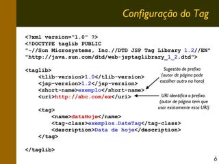 Configuração do Tag
<?xml version="1.0" ?>
<!DOCTYPE taglib PUBLIC
"-//Sun Microsystems, Inc.//DTD JSP Tag Library 1.2//EN"
"http://java.sun.com/dtd/web-jsptaglibrary_1_2.dtd">
<taglib>
<tlib-version>1.0</tlib-version>
<jsp-version>1.2</jsp-version>
<short-name>exemplo</short-name>
<uri>http://abc.com/ex</uri>

Sugestão de prefixo
(autor de página pode
escolher outro na hora)
URI identifica o prefixo.
(autor de página tem que
usar exatamente esta URI)

<tag>
<name>dataHoje</name>
<tag-class>exemplos.DateTag</tag-class>
<description>Data de hoje</description>
</tag>
</taglib>

6

 