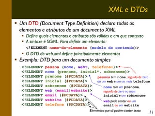 XML e DTDs
Um DTD (Document Type Definition) declara todos os
elementos e atributos de um documento XML
Define quais elementos e atributos são válidos e em que contexto
A sintaxe é SGML. Para definir um elemento:
<!ELEMENT nome-do-elemento (modelo de conteudo)>

O DTD do web.xml define principalmente elementos

Exemplo: DTD para um documento simples
<!ELEMENT
<!ELEMENT
<!ELEMENT
<!ELEMENT
<!ELEMENT
<!ELEMENT
<!ELEMENT
<!ELEMENT
<!ELEMENT

pessoa (nome, web?, telefone+)>
nome (prenome, inicial*, sobrenome)>
prenome (#PCDATA)>
pessoa tem nome, seguido de zero
inicial (#PCDATA)>
ou um web e um ou mais telefone
sobrenome (#PCDATA)>
nome tem um prenome,
web (email|website)>
seguido de zero ou mais
email (#PCDATA)>
inicial e um sobrenome
website (#PCDATA)>
web pode conter ou um
telefone (#PCDATA)>
email ou um website
Elementos que só podem conter texto

11

 
