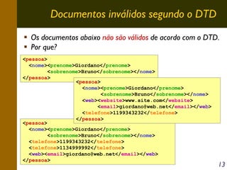 Documentos inválidos segundo o DTD
Os documentos abaixo não são válidos de acordo com o DTD.
Por que?
<pessoa>
<nome><prenome>Giordano</prenome>
<sobrenome>Bruno</sobrenome></nome>
</pessoa>
<pessoa>
<nome><prenome>Giordano</prenome>
<sobrenome>Bruno</sobrenome></nome>
<web><website>www.site.com</website>
<email>giordano@web.net</email></web>
<telefone>1199343232</telefone>
</pessoa>
<pessoa>
<nome><prenome>Giordano</prenome>
<sobrenome>Bruno</sobrenome></nome>
<telefone>1199343232</telefone>
<telefone>1134999992</telefone>
<web><email>giordano@web.net</email></web>
</pessoa>

13

 