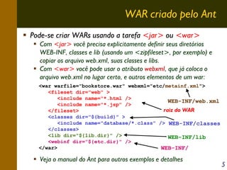 WAR criado pelo Ant
Pode-se criar WARs usando a tarefa <jar> ou <war>
Com <jar> você precisa explicitamente definir seus diretórios
WEB-INF, classes e lib (usando um <zipfileset>, por exemplo) e
copiar os arquivo web.xml, suas classes e libs.
Com <war> você pode usar o atributo webxml, que já coloca o
arquivo web.xml no lugar certo, e outros elementos de um war:
<war warfile="bookstore.war" webxml="etc/metainf.xml">
<fileset dir="web" >
<include name="*.html />
WEB-INF/web.xml
<include name="*.jsp" />
raiz do WAR
</fileset>
<classes dir="${build}" >
<include name="database/*.class" /> WEB-INF/classes
</classes>
<lib dir="${lib.dir}" />
WEB-INF/lib
<webinf dir="${etc.dir}" />
</war>
WEB-INF/

Veja o manual do Ant para outros exemplos e detalhes

5

 