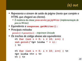 (e) out
Representa o stream de saída da página (texto que compõe o
HTML que chegará ao cliente).
É instância da classe javax.servlet.jsp.JspWriter (implementação de
java.io.Writer)
Equivalente a response.getWriter();

Principais métodos
print()

e println() - imprimem Unicode

Os trechos de código abaixo são equivalentes
<% for (int i = 0; i < 10; i++) {
out.print("<p> Linha " + i);
} %>
<% for (int i = 0; i < 10; i++) { %>
<p> Linha <%= i %>
<% } %>

28

 