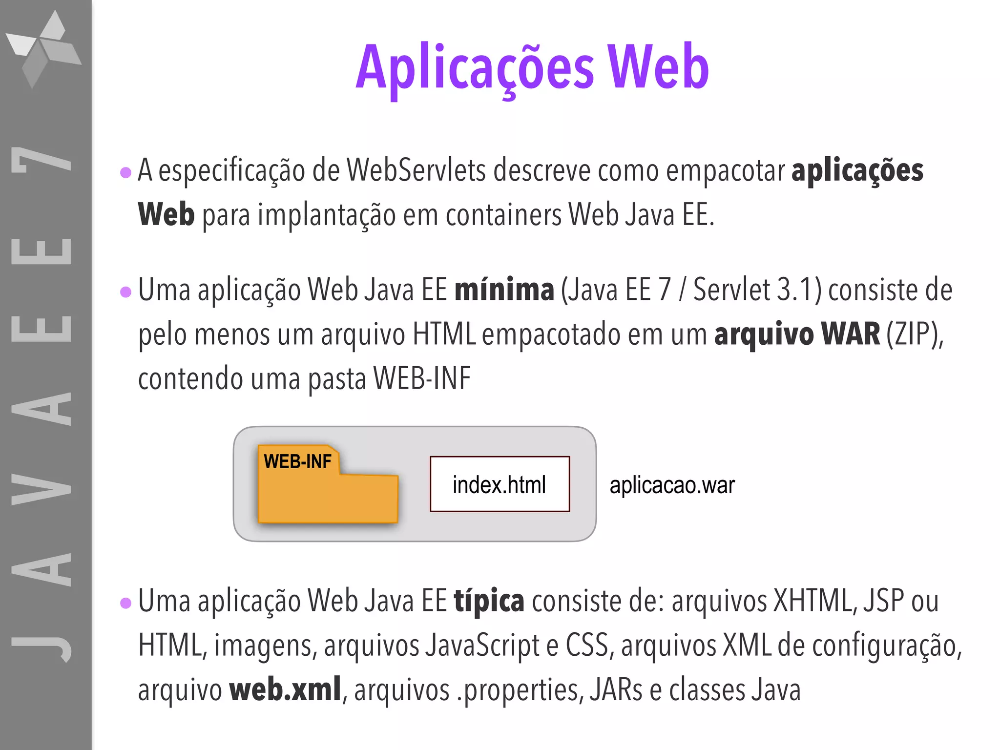 JAVAEE7 Aplicações Web •A especificação de WebServlets descreve como empacotar aplicações Web para implantação em containers Web Java EE. •Uma aplicação Web Java EE mínima (Java EE 7 / Servlet 3.1) consiste de pelo menos um arquivo HTML empacotado em um arquivo WAR (ZIP), contendo uma pasta WEB-INF •Uma aplicação Web Java EE típica consiste de: arquivos XHTML,JSP ou HTML, imagens, arquivos JavaScript e CSS, arquivos XML de configuração, arquivo web.xml, arquivos .properties,JARs e classes Java aplicacao.war WEB-INF index.html 