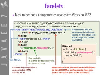 JAVAEE7 Facelets
•Tags mapeados a componentes usados em Views do JSF2
<!DOCTYPE	html	PUBLIC	"-//W3C//DTD	XHTML	1.0	Transitional//EN"	
"http://www.w3.org/TR/xhtml1/DTD/xhtml1-transitional.dtd">	
<html		xmlns="http://www.w3.org/1999/xhtml"		
													xmlns:h="http://java.sun.com/jsf/html">		
						<h:head>		
									<title>Introducao	a	JSF</title>		
						</h:head>		
						<h:body>		
										<p>#{introBean.mensagem}</p>		
						</h:body>	
</html>	
Facelets:	tags	mapeados	a	
componentes	HTML	
nativos	do	JSF
Mapeamento	XML	de	namespace	de	biblioteca	
de	tags	JSF	HTML	a	prefixo	padrão	(tags	com	
prefixo	“h”	fazem	parte	desta	biblioteca)
Mapeamento	XML	do	
namespace	da	biblioteca	
padrão	XHTML	a	tags	sem	
prefixo	(tags	sem	prefixo	
são	XHTML)
Tags	XHTML
@Named	
public	class	IntroBean	{	
			public	String	getMensagem()	{		
							return	"Hello!”;	
			}	
}
Expressão	EL	
Id	(nome)	do	bean	derivado	
do	nome	da	classe
 