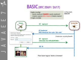 JAVAEE7 BASIC(RFC 2069 / 2617)
<login-config>
<auth-method>BASIC</auth-method>
<realm-name>jdbc-realm</realm-name>
</login-config>
401 Unauthorized
WWW-Authenticate: Basic realm="jdbc-realm"
GET /app/secret
Authorization: Basic bWFzaGE6MTIzNDU=
Para fazer logout: feche o browser!
Credenciais: encoding Base64
conﬁguração

web.xml
GET /app/secret
200 OK
Servidor WebBrowser
 