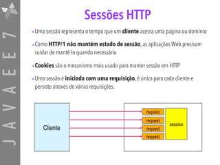 JAVAEE7 Sessões HTTP
•Uma sessão representa o tempo que um cliente acessa uma pagina ou domínio
•Como HTTP/1 não mantém estado de sessão, as aplicações Web precisam
cuidar de mantê-lo quando necessário
•Cookies são o mecanismo mais usado para manter sessão em HTTP
•Uma sessão é iniciada com uma requisição, é única para cada cliente e
persiste através de várias requisições.
 