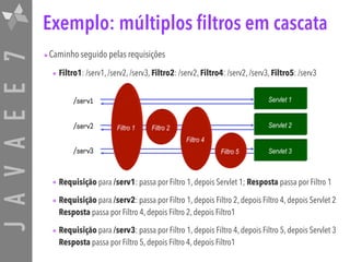 JAVAEE7 Exemplo: múltiplos filtros em cascata
•Caminho seguido pelas requisições
• Filtro1: /serv1, /serv2, /serv3, Filtro2: /serv2, Filtro4: /serv2, /serv3, Filtro5: /serv3
• Requisição para /serv1: passa por Filtro 1, depois Servlet 1; Resposta passa por Filtro 1
• Requisição para /serv2: passa por Filtro 1, depois Filtro 2, depois Filtro 4, depois Servlet 2 
Resposta passa por Filtro 4, depois Filtro 2, depois Filtro1
• Requisição para /serv3: passa por Filtro 1, depois Filtro 4, depois Filtro 5, depois Servlet 3 
Resposta passa por Filtro 5, depois Filtro 4, depois Filtro1
/serv1
/serv2
/serv3
 