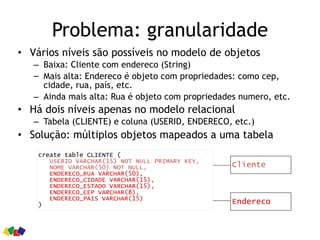 Problema: granularidade
• Vários níveis são possíveis no modelo de objetos
– Baixa: Cliente com endereco (String)
– Mais alta: Endereco é objeto com propriedades: como cep,
cidade, rua, país, etc.
– Ainda mais alta: Rua é objeto com propriedades numero, etc.
• Há dois níveis apenas no modelo relacional
– Tabela (CLIENTE) e coluna (USERID, ENDERECO, etc.)
• Solução: múltiplos objetos mapeados a uma tabela
create table CLIENTE (
USERID VARCHAR(15) NOT NULL PRIMARY KEY,
NOME VARCHAR(50) NOT NULL,
ENDERECO_RUA VARCHAR(50),
ENDERECO_CIDADE VARCHAR(15),
ENDERECO_ESTADO VARCHAR(15),
ENDERECO_CEP VARCHAR(8),
ENDERECO_PAIS VARCHAR(15)
)
Cliente
Endereco
 