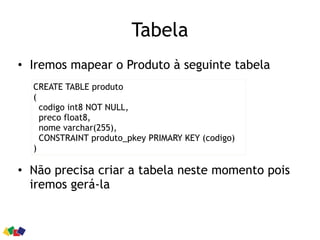 Tabela
• Iremos mapear o Produto à seguinte tabela
• Não precisa criar a tabela neste momento pois
iremos gerá-la
CREATE TABLE produto
(
codigo int8 NOT NULL,
preco float8,
nome varchar(255),
CONSTRAINT produto_pkey PRIMARY KEY (codigo)
)
 