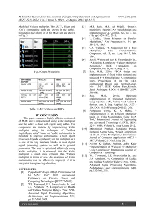 M Shabber Hasan Khan Int. Journal of Engineering Research and Applications www.ijera.com
ISSN: 2248-9622, Vol. 5, Issue 8, (Part - 2) August 2015, pp.55-57
www.ijera.com 57 |
P a g e
Modified Wallace multiplier. The LUT’s, Slices and
IOB’s comparative table are shown in the table1.
Simulation Waveform of 64 bit MAC unit are shown
in Fig. 3
Fig.3 Output Waveform
Table. 1 LUT’s, Slices and IOB’s
IV. CONCLUSION
This paper presents a highly efficient optimized
of MAC unit is implemented using Vedic multiplier
and the adder is done with ripple carry adder. The
components are reduced by implementing Vedic
multiplier using the techniques of “urdhva
tiryakbhyam sutra” based on Vedic mathematics is
modified to improve performance. a high speed
processor depends significantly on the multiplier as it
is one of the key hardware blocks in most digital
signal processing systems as well as in general
processors. The area is optimized effectively using
Vedic multiplier .it is observed that the Vedic
multiplier is much more efficient than Wallace
multiplier in terms of area. An awareness of Vedic
mathematics can be effectively improved if it is
integrated in engineering education.
REFERENCES
[1] P.jagadeesh“Design ofHigh Performance 64
bit MAC Unit” 2013 International
Conference on Circuits, Power and
Computing Technologies [ICCPCT-2013].
[2] W.J. Townsend, E.E. Swartzlander Jr., and
J.A. Abraham, “A Comparison of Dadda
and Wallace Multiplier Delays, ”Proc. SPIE,
Advanced Signal Processing Algorithms,
Architectures, and Implementations XIII,
pp. 552-560, 2003.
[3] M.H. Rais, M.H. Al Mijalli, “Braun’s
multipliers: Spartan-3AN based design and
implementation”, J. Comput. Sci., vo. 7, no.
(11), pp.1629-1632, 2011.
[4] L. Dadda, “Some Schemes for Parallel
Multipliers,” Alta Frequenza,vol. 34, pp.
349-356, 1965.
[5] C.S. Wallace, “A Suggestion for a Fast
Multiplier,” IEEE Trans.Electronic
Computers, vol. 13, no. 1, pp. 14-17, Feb.
1964.
[6] Ron S. Waters and Earl E. Swartzlander, Jr.,
"A Reduced Complexity Wallace Multiplier
Reduction," IEEE Transactions on
Computers, vol. 59, no. 8, Aug 20 10.
[7] Rais, M.H., 2009a. FPGA design and
implementation of fixed width standard and
truncated 6×6-bitmultipliers: A comparative
study. Proceedings of the 4th IEEE
International Design and TestWorkshop,
Nov. 15-17, IEEE Xplore Press,Riyadh,
Saudi Arabia,pp:14.DOI:10.1109/IDT.2009.
5404081
[8] Rais, M.H., 2010a. Hardware
implementation of truncated multipliers
using Spartan 3AN, Virtex-4and Virtex-5
devices. Am. J. Eng. Applied Sci., 3:201-
206. DOI: 10.3844/ajeassp.2010.201.206.
[9] Pushpalata Verma, K. K. Mehta, “
Implementation of an Efficient Multiplier
based on Vedic Mathematics Using EDA
Tool,” International Journal of Engineering
and Advanced Technology (IJEAT), ISSN:
2249 – 8958, Volume-1, Issue-5, June 2012.
[10] Manoranjan Pradhan, Rutuparna Panda,
Sushanta Kumar Sahu, “Speed Comparison
of 16x16 Vedic Multipliers,” International
Journal of Computer Applications (0975 –
8887),Volume 21– No.6, May 2011.
[11] Naveen K Gahlan, Prabhat, Jasbir Kaur
“Implementation of WallaceTree Multiplier
Using Compressor” International Journal of
Computer & Technology.
[12] W.J. Townsend, E.E. Swartzlander Jr., and
J.A. Abraham, “A Comparison of Dadda
and Wallace Multiplier Delays,”Proc.- SPIE,
Advanced Signal Processing Algorithms,
Architectures ,and Implementations XIII,
pp. 552-560, 2003.
 