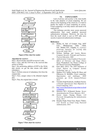 Indal Singh et al. Int. Journal of Engineering Research and Applications www.ijera.com
ISSN: 2248-9622, Vol. 5, Issue 9, (Part - 1) September 2015, pp.56-59
www.ijera.com 59 | P a g e
Figure 6 Flow chart for sender
Algorithm for receiver:
Step 1. Received data and OTP at receiver’s side.
Step 2. Now, add this OTP bit to the received data
stream of 20-bits.
Step 3. By performing addition of OTP to the 20-bit
data stream, we get the data stream with added
redundancy.
Step 4. Perform removal of redundancy bits from the
original data.
Step 5. Now, assigns values to the obtained original
data.
Step 6. Thus, the original data is found.
Figure 7 Flow chart for receiver
VI. CONCLUSION
Lack of privacy and security is the main hurdle
in the wide adoption of cloud computing. We are
almost at the beginning of the cloud era; it is hard to
predict the impact of cloud computing on society.
Cloud computing is not fully mature and needs to be
explored [4].
This technique provides more secure password
authentication than usual graphical password
authentication techniques. Moreover, the extra bit
from the result which is sent as OTP adds more
security to password authentication technique.
References
[1] Mishra, R. ; Sch. of Comput. Eng., KIIT
Univ., Bhubaneswar, India ; Dash,
S.K. ; Mishra, D.P. ; Tripathy, A., A privacy
preserving repository for securing data
across the cloud, 2011.
[2] William Stallings and Lawrie Brown.
Computer Security: Principle and Practices.
Pearson Education, 2008.
[3] Authentication Using Graphical Passwords:
Effects of Tolerance and Image Choice
Susan Wiedenbeck Jim Waters College of
IST Drexel University Philadelphia.
[4] Peter Mell. (2011) 'The NIST Definition of
Cloud', Reports on Computer Systems
Technology, sept., p. 7.
[5] Matthew N.O. Sadiku, Sarhan M. Musa, and
OMonowo D. MoMOh, Cloud computing:
Opportunities and challenges, IEEE
potentials, pp. 34-36, January/February
2014.
[6] Virendra Singh Kushwah, Aradhana Saxena,
A Security approach for Data Migration in
Cloud Computing, 2013.
[7] http://www.thecloud.net.nz/go/what-is-cloud
-computing
[8] Ishwarya M.V, K.Ramesh Kumar, Secure
Anonymization for Privacy Measure, 2013.
[9] Grover Aman, Narang Winnie, 4-D
Password: Strengthening the Authentication
Scene, 2012.
[10] Deepika Singh, Puran Gour, Rajeev Thakur,
User Security in Cloud Using Password
Authentication, 2014.
 