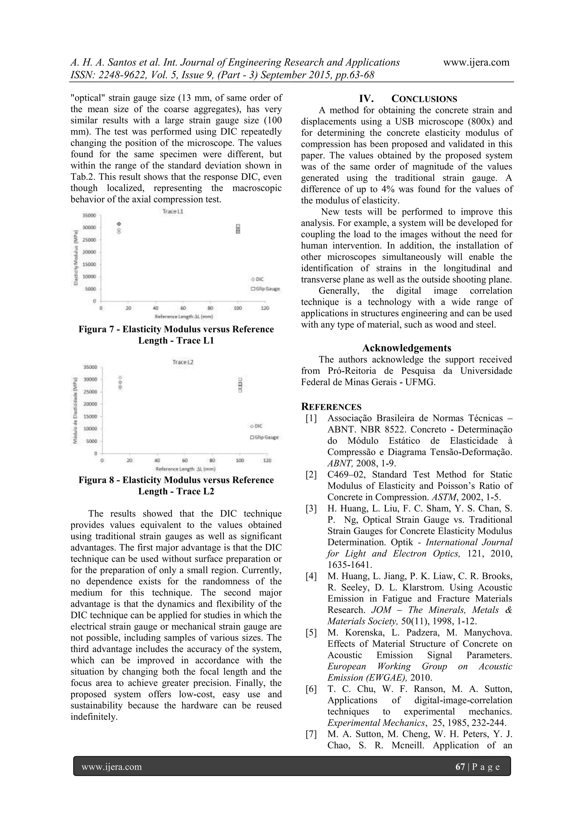 A. H. A. Santos et al. Int. Journal of Engineering Research and Applications www.ijera.com
ISSN: 2248-9622, Vol. 5, Issue 9, (Part - 3) September 2015, pp.63-68
www.ijera.com 67 | P a g e
"optical" strain gauge size (13 mm, of same order of
the mean size of the coarse aggregates), has very
similar results with a large strain gauge size (100
mm). The test was performed using DIC repeatedly
changing the position of the microscope. The values
found for the same specimen were different, but
within the range of the standard deviation shown in
Tab.2. This result shows that the response DIC, even
though localized, representing the macroscopic
behavior of the axial compression test.
Figura 7 - Elasticity Modulus versus Reference
Length - Trace L1
Figura 8 - Elasticity Modulus versus Reference
Length - Trace L2
The results showed that the DIC technique
provides values equivalent to the values obtained
using traditional strain gauges as well as significant
advantages. The first major advantage is that the DIC
technique can be used without surface preparation or
for the preparation of only a small region. Currently,
no dependence exists for the randomness of the
medium for this technique. The second major
advantage is that the dynamics and flexibility of the
DIC technique can be applied for studies in which the
electrical strain gauge or mechanical strain gauge are
not possible, including samples of various sizes. The
third advantage includes the accuracy of the system,
which can be improved in accordance with the
situation by changing both the focal length and the
focus area to achieve greater precision. Finally, the
proposed system offers low-cost, easy use and
sustainability because the hardware can be reused
indefinitely.
IV. CONCLUSIONS
A method for obtaining the concrete strain and
displacements using a USB microscope (800x) and
for determining the concrete elasticity modulus of
compression has been proposed and validated in this
paper. The values obtained by the proposed system
was of the same order of magnitude of the values
generated using the traditional strain gauge. A
difference of up to 4% was found for the values of
the modulus of elasticity.
New tests will be performed to improve this
analysis. For example, a system will be developed for
coupling the load to the images without the need for
human intervention. In addition, the installation of
other microscopes simultaneously will enable the
identification of strains in the longitudinal and
transverse plane as well as the outside shooting plane.
Generally, the digital image correlation
technique is a technology with a wide range of
applications in structures engineering and can be used
with any type of material, such as wood and steel.
Acknowledgements
The authors acknowledge the support received
from Pró-Reitoria de Pesquisa da Universidade
Federal de Minas Gerais - UFMG.
REFERENCES
[1] Associação Brasileira de Normas Técnicas –
ABNT. NBR 8522. Concreto - Determinação
do Módulo Estático de Elasticidade à
Compressão e Diagrama Tensão-Deformação.
ABNT, 2008, 1-9.
[2] C469–02, Standard Test Method for Static
Modulus of Elasticity and Poisson’s Ratio of
Concrete in Compression. ASTM, 2002, 1-5.
[3] H. Huang, L. Liu, F. C. Sham, Y. S. Chan, S.
P. Ng, Optical Strain Gauge vs. Traditional
Strain Gauges for Concrete Elasticity Modulus
Determination. Optik - International Journal
for Light and Electron Optics, 121, 2010,
1635-1641.
[4] M. Huang, L. Jiang, P. K. Liaw, C. R. Brooks,
R. Seeley, D. L. Klarstrom. Using Acoustic
Emission in Fatigue and Fracture Materials
Research. JOM – The Minerals, Metals &
Materials Society, 50(11), 1998, 1-12.
[5] M. Korenska, L. Padzera, M. Manychova.
Effects of Material Structure of Concrete on
Acoustic Emission Signal Parameters.
European Working Group on Acoustic
Emission (EWGAE), 2010.
[6] T. C. Chu, W. F. Ranson, M. A. Sutton,
Applications of digital-image-correlation
techniques to experimental mechanics.
Experimental Mechanics, 25, 1985, 232-244.
[7] M. A. Sutton, M. Cheng, W. H. Peters, Y. J.
Chao, S. R. Mcneill. Application of an
 