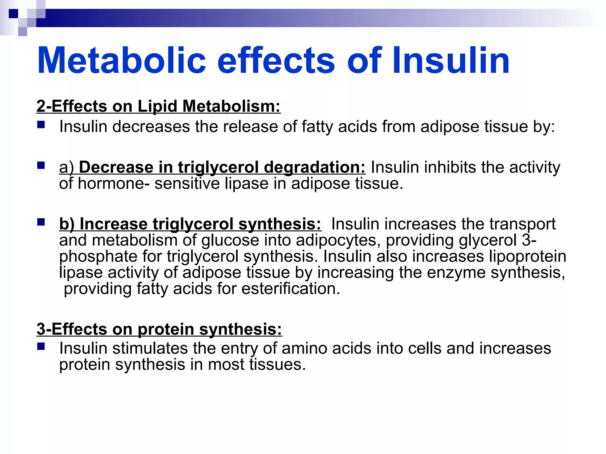Metabolic effects of Insulin 
2-Effects on Lipid Metabolism: 
 Insulin decreases the release of fatty acids from adipose tissue by: 
 a) Decrease in triglycerol degradation: Insulin inhibits the activity 
of hormone- sensitive lipase in adipose tissue. 
 b) Increase triglycerol synthesis: Insulin increases the transport 
and metabolism of glucose into adipocytes, providing glycerol 3- 
phosphate for triglycerol synthesis. Insulin also increases lipoprotein 
lipase activity of adipose tissue by increasing the enzyme synthesis, 
providing fatty acids for esterification. 
3-Effects on protein synthesis: 
 Insulin stimulates the entry of amino acids into cells and increases 
protein synthesis in most tissues. 
 