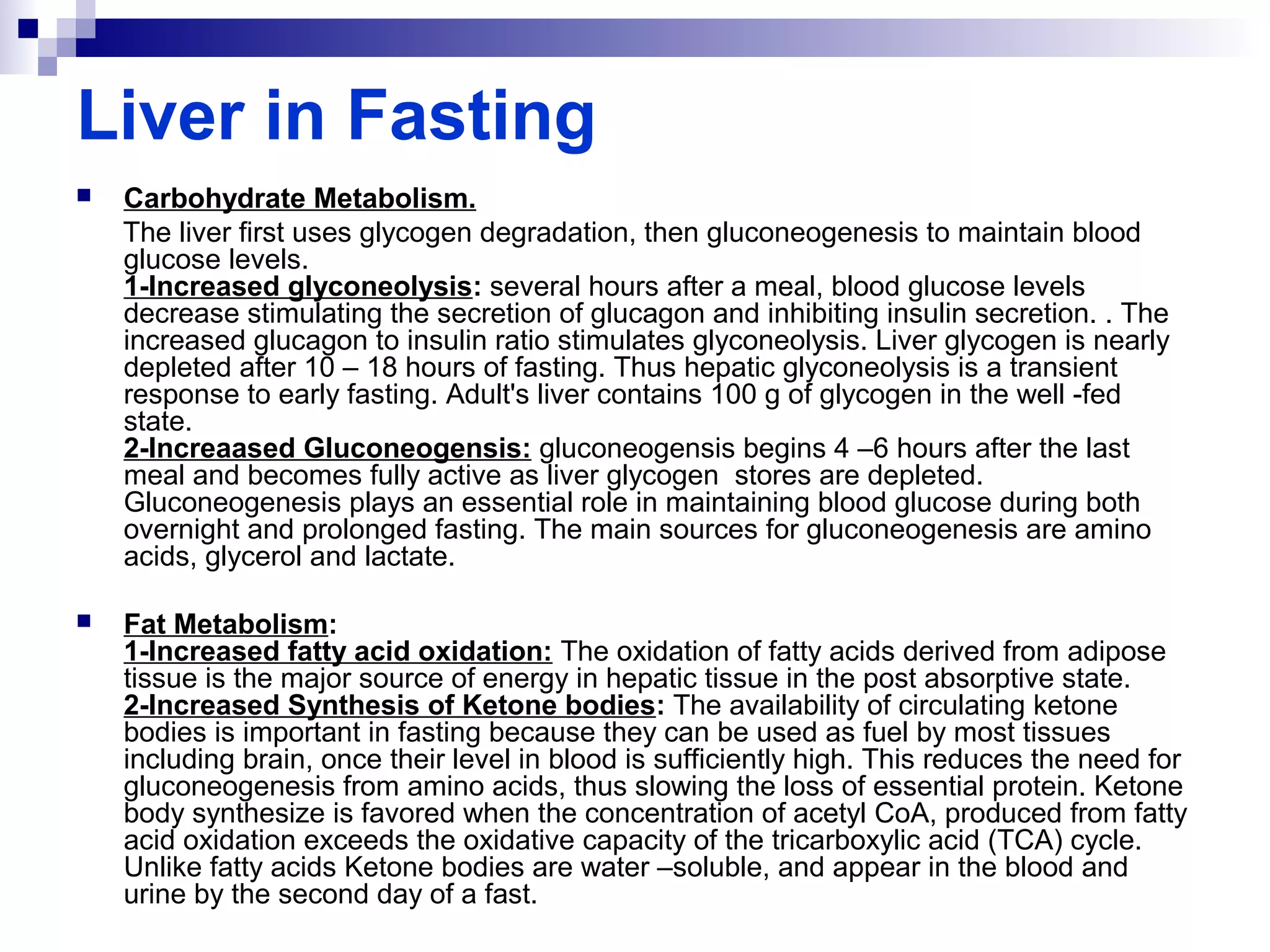 Liver in Fasting 
 Carbohydrate Metabolism. 
The liver first uses glycogen degradation, then gluconeogenesis to maintain blood 
glucose levels. 
1-Increased glyconeolysis: several hours after a meal, blood glucose levels 
decrease stimulating the secretion of glucagon and inhibiting insulin secretion. . The 
increased glucagon to insulin ratio stimulates glyconeolysis. Liver glycogen is nearly 
depleted after 10 – 18 hours of fasting. Thus hepatic glyconeolysis is a transient 
response to early fasting. Adult's liver contains 100 g of glycogen in the well -fed 
state. 
2-Increaased Gluconeogensis: gluconeogensis begins 4 –6 hours after the last 
meal and becomes fully active as liver glycogen stores are depleted. 
Gluconeogenesis plays an essential role in maintaining blood glucose during both 
overnight and prolonged fasting. The main sources for gluconeogenesis are amino 
acids, glycerol and lactate. 
 Fat Metabolism: 
1-Increased fatty acid oxidation: The oxidation of fatty acids derived from adipose 
tissue is the major source of energy in hepatic tissue in the post absorptive state. 
2-Increased Synthesis of Ketone bodies: The availability of circulating ketone 
bodies is important in fasting because they can be used as fuel by most tissues 
including brain, once their level in blood is sufficiently high. This reduces the need for 
gluconeogenesis from amino acids, thus slowing the loss of essential protein. Ketone 
body synthesize is favored when the concentration of acetyl CoA, produced from fatty 
acid oxidation exceeds the oxidative capacity of the tricarboxylic acid (TCA) cycle. 
Unlike fatty acids Ketone bodies are water –soluble, and appear in the blood and 
urine by the second day of a fast. 
 