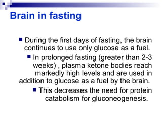 Brain in fasting 
 During the first days of fasting, the brain 
continues to use only glucose as a fuel. 
 In prolonged fasting (greater than 2-3 
weeks) , plasma ketone bodies reach 
markedly high levels and are used in 
addition to glucose as a fuel by the brain. 
 This decreases the need for protein 
catabolism for gluconeogenesis. 
 