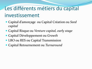 Les différents métiers du capital
investissement
Capital d’amorçage ou Capital Création ou Seed
capital
Capital Risque ou Venture capital, early stage
Capital Développement ou Growth
LBO ou RES ou Capital Transmission
Capital Retournement ou Turnaround