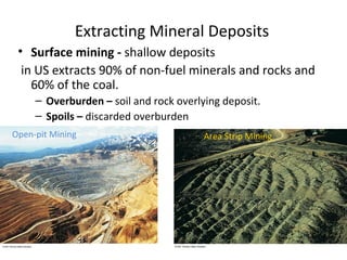 Extracting Mineral Deposits 
• Surface mining - shallow deposits 
in US extracts 90% of non-fuel minerals and rocks and 
60% of the coal. 
– Overburden – soil and rock overlying deposit. 
– Spoils – discarded overburden 
Open-pit Mining Area Strip Mining 
 