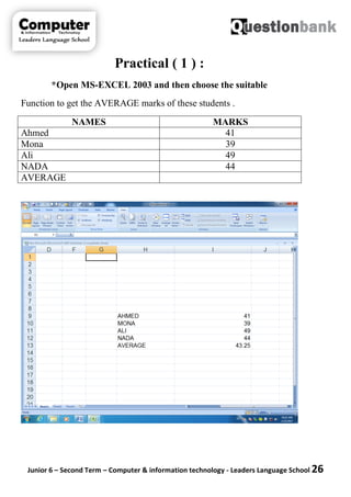 Junior 6 – Second Term – Computer & information technology - Leaders Language School 26
Practical ( 1 ) :
Open MS-EXCEL 2003 and then choose the suitable*
Function to get the AVERAGE marks of these students .
MARKSNAMES
41Ahmed
39Mona
49Ali
44NADA
AVERAGE
 