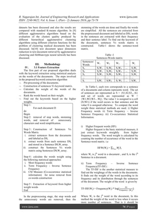 R. Nagarajan Int. Journal of Engineering Research and Applications www.ijera.com
ISSN: 2248-9622, Vol. 6, Issue 1, (Part - 2) January 2016, pp.73-78
www.ijera.com 74 | P a g e
datasets has been discussed and also the results are
compared with standard K-means algorithm. In [9]
different agglomerative algorithms based on the
evaluation of the clusters quality produced by
different hierarchical agglomerative clustering
algorithms using different criterion functions for the
problem of clustering medical documents has been
discussed. In[10] text document space dimension
reduction in text document retrieval by agglomerative
clustering and Hebbian-type neural network has been
discussed.
III. Methodology
IV. 3.1 Feature Extraction
The first part of our proposed algorithm deals
with the keyword extraction using statistical analysis
on the words of the documents. The steps involved
in the proposed keyword extraction algorithm
 Pre-processing of the documents.
 Construction of sentences Vs keyword matrix.
 Calculate the weight of the words of the
documents.
 Rank the words based on their weight.
 Find out the keywords based on the higher
weights.
Step 1:
For each document D
do
Begin
Step 2: removal of stop words, stemming
words, and removal of unnecessary
characters and word simplification.
Step 3 : Construction of Sentences Vs
Words Matrix
i. extract sentences from the documents
and labeled as DSi
ii. extract words from each sentence DSi
and stored in a Sentence DSiWj array.
iii. construct the Sentences Vs words
matrix using Sentences DSiWj array.
Step 4 : calculate the words weight using
the following statistical approaches
i. Most frequency words
ii. Term Frequency - Inverse Sentence
Frequency
iii. CSI Measure (Co-occurrence statistical
information) for noise removal from
co-words construction
Step 5 : Extraction of keyword from higher
weight words
End
In the preprocessing stage, the stop words and
the unnecessary words are removed, then the
stemming of the words are done and finally the words
are simplified. All the sentences are extracted from
the preprocessed document and labeled as DSi, words
in the sentences are extracted with their frequency
and their sentence label. To find out the keyword of
the documents, sentences Vs words matrix is
constructed. Table-1 shows the sentence-word
matrix.
Table -1
Sentences-Words matrix
In Table-1, each row corresponds to a sentence
of a documents and column represents word. The set
of sentences are represented as S = {S1,S2,S3,...Si}
and set of words are represented as W =
{W1,W2,W3....Wj}. The value 1 is assigned to a cell
(S1W1) if the word occurs in that sentence and the
value 0 is assigned otherwise. To compute the word
weight three statistical methods are used. i) Higher
Frequency words ii) Term frequency – Inverse
Sentence Frequency iii) Co-occurrence Statistical
Information.
i) Higher Frequent words (HF):
Higher frequent is the basic statistical measure, it
just extract keywords straightly from higher
frequency words. The word weight is calculated by
counting the number of occurrence of the word in the
Sentence-word matrix. i.e
HFW(Wj) = 𝑊𝑗 𝑆𝑖𝑆 𝑖∈𝑠
where Wj is jth
word in a document , and Si is the ith
Sentence in a document.
ii) Term Frequency – Inverse Sentence
Frequency(TF-ISF) :
The TF-ISF is the another statistical measure to
find out the weightage of the words in the documents.
It finds out the weight of the word according to its
frequency and its distribution through the sentences
of the document. The weight of the word is given by
TF-ISF(Wj) = Frequency(Wj) * log(
S
Frequency (Wj)
)
Where Wj is the jth
word in the document, In this
method the weight of the word is less when it occurs
more number of sentences. That is it should be
Sentences/
Words
W1 W2 W3 ... Wj
S1 S1W1 S1W2 S1W3 ... S1Wj
S2 S2W1 S2W2 S2W3 ... S2Wj
S3 S3W1 S3W2 S3W3 ... S3Wj
... ... ... ... ... ...
Si SiW1 SiW2 Si W3 ... SiWj
 