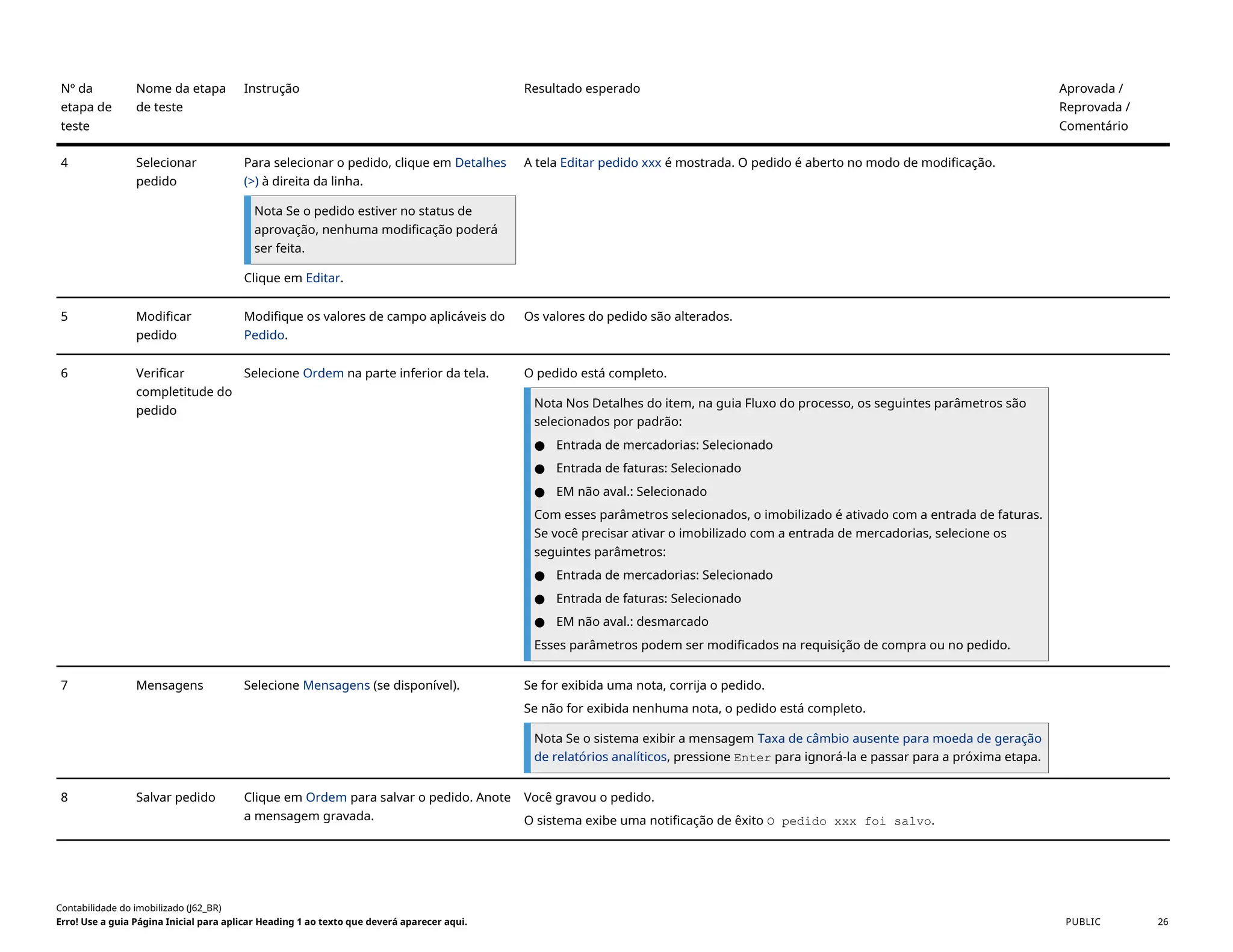 Nº da
etapa de
teste
Nome da etapa
de teste
Instrução Resultado esperado Aprovada /
Reprovada /
Comentário
4 Selecionar
pedido
Para selecionar o pedido, clique em Detalhes
(>) à direita da linha.
Nota Se o pedido estiver no status de
aprovação, nenhuma modificação poderá
ser feita.
Clique em Editar.
A tela Editar pedido xxx é mostrada. O pedido é aberto no modo de modificação.
5 Modificar
pedido
Modifique os valores de campo aplicáveis do
Pedido.
Os valores do pedido são alterados.
6 Verificar
completitude do
pedido
Selecione Ordem na parte inferior da tela. O pedido está completo.
Nota Nos Detalhes do item, na guia Fluxo do processo, os seguintes parâmetros são
selecionados por padrão:
● Entrada de mercadorias: Selecionado
● Entrada de faturas: Selecionado
● EM não aval.: Selecionado
Com esses parâmetros selecionados, o imobilizado é ativado com a entrada de faturas.
Se você precisar ativar o imobilizado com a entrada de mercadorias, selecione os
seguintes parâmetros:
● Entrada de mercadorias: Selecionado
● Entrada de faturas: Selecionado
● EM não aval.: desmarcado
Esses parâmetros podem ser modificados na requisição de compra ou no pedido.
7 Mensagens Selecione Mensagens (se disponível). Se for exibida uma nota, corrija o pedido.
Se não for exibida nenhuma nota, o pedido está completo.
Nota Se o sistema exibir a mensagem Taxa de câmbio ausente para moeda de geração
de relatórios analíticos, pressione Enter para ignorá-la e passar para a próxima etapa.
8 Salvar pedido Clique em Ordem para salvar o pedido. Anote
a mensagem gravada.
Você gravou o pedido.
O sistema exibe uma notificação de êxito O pedido xxx foi salvo.
Contabilidade do imobilizado (J62_BR)
Erro! Use a guia Página Inicial para aplicar Heading 1 ao texto que deverá aparecer aqui. PUBLIC 26
 