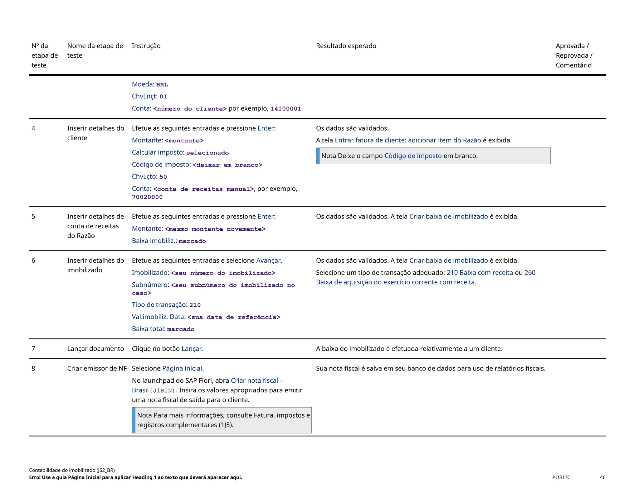 Nº da
etapa de
teste
Nome da etapa de
teste
Instrução Resultado esperado Aprovada /
Reprovada /
Comentário
Moeda: BRL
ChvLnçt: 01
Conta: <número do cliente> por exemplo, 14100001
4 Inserir detalhes do
cliente
Efetue as seguintes entradas e pressione Enter:
Montante: <montante>
Calcular imposto: selecionado
Código de imposto: <deixar em branco>
ChvLçto: 50
Conta: <conta de receitas manual>, por exemplo,
70020000
Os dados são validados.
A tela Entrar fatura de cliente: adicionar item do Razão é exibida.
Nota Deixe o campo Código de imposto em branco.
5 Inserir detalhes de
conta de receitas
do Razão
Efetue as seguintes entradas e pressione Enter:
Montante: <mesmo montante novamente>
Baixa imobiliz.: marcado
Os dados são validados. A tela Criar baixa de imobilizado é exibida.
6 Inserir detalhes do
imobilizado
Efetue as seguintes entradas e selecione Avançar.
Imobilizado: <seu número do imobilizado>
Subnúmero: <seu subnúmero do imobilizado no
caso>
Tipo de transação: 210
Val.imobiliz. Data: <sua data de referência>
Baixa total: marcado
Os dados são validados. A tela Criar baixa de imobilizado é exibida.
Selecione um tipo de transação adequado: 210 Baixa com receita ou 260
Baixa de aquisição do exercício corrente com receita.
7 Lançar documento Clique no botão Lançar. A baixa do imobilizado é efetuada relativamente a um cliente.
8 Criar emissor de NF Selecione Página inicial.
No launchpad do SAP Fiori, abra Criar nota fiscal –
Brasil(J1B1N). Insira os valores apropriados para emitir
uma nota fiscal de saída para o cliente.
Nota Para mais informações, consulte Fatura, impostos e
registros complementares (1J5).
Sua nota fiscal é salva em seu banco de dados para uso de relatórios fiscais.
Contabilidade do imobilizado (J62_BR)
Erro! Use a guia Página Inicial para aplicar Heading 1 ao texto que deverá aparecer aqui. PUBLIC 46
 