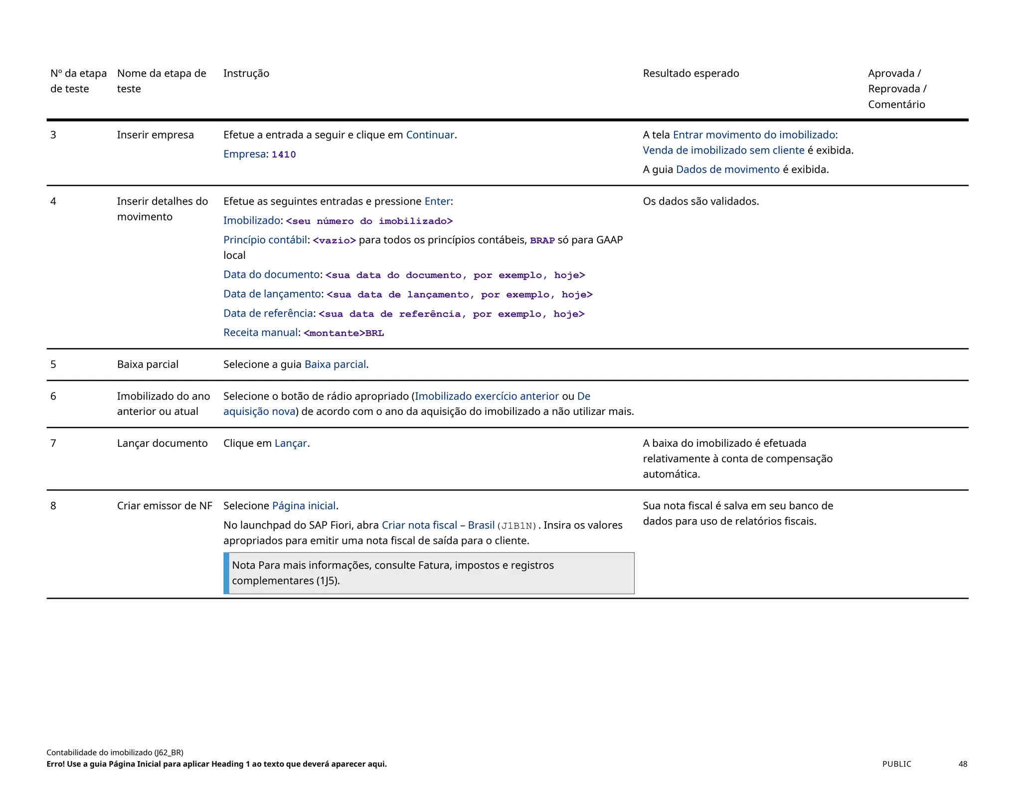 Nº da etapa
de teste
Nome da etapa de
teste
Instrução Resultado esperado Aprovada /
Reprovada /
Comentário
3 Inserir empresa Efetue a entrada a seguir e clique em Continuar.
Empresa: 1410
A tela Entrar movimento do imobilizado:
Venda de imobilizado sem cliente é exibida.
A guia Dados de movimento é exibida.
4 Inserir detalhes do
movimento
Efetue as seguintes entradas e pressione Enter:
Imobilizado: <seu número do imobilizado>
Princípio contábil: <vazio> para todos os princípios contábeis, BRAP só para GAAP
local
Data do documento: <sua data do documento, por exemplo, hoje>
Data de lançamento: <sua data de lançamento, por exemplo, hoje>
Data de referência: <sua data de referência, por exemplo, hoje>
Receita manual: <montante>BRL
Os dados são validados.
5 Baixa parcial Selecione a guia Baixa parcial.
6 Imobilizado do ano
anterior ou atual
Selecione o botão de rádio apropriado (Imobilizado exercício anterior ou De
aquisição nova) de acordo com o ano da aquisição do imobilizado a não utilizar mais.
7 Lançar documento Clique em Lançar. A baixa do imobilizado é efetuada
relativamente à conta de compensação
automática.
8 Criar emissor de NF Selecione Página inicial.
No launchpad do SAP Fiori, abra Criar nota fiscal – Brasil(J1B1N). Insira os valores
apropriados para emitir uma nota fiscal de saída para o cliente.
Nota Para mais informações, consulte Fatura, impostos e registros
complementares (1J5).
Sua nota fiscal é salva em seu banco de
dados para uso de relatórios fiscais.
Contabilidade do imobilizado (J62_BR)
Erro! Use a guia Página Inicial para aplicar Heading 1 ao texto que deverá aparecer aqui. PUBLIC 48
 