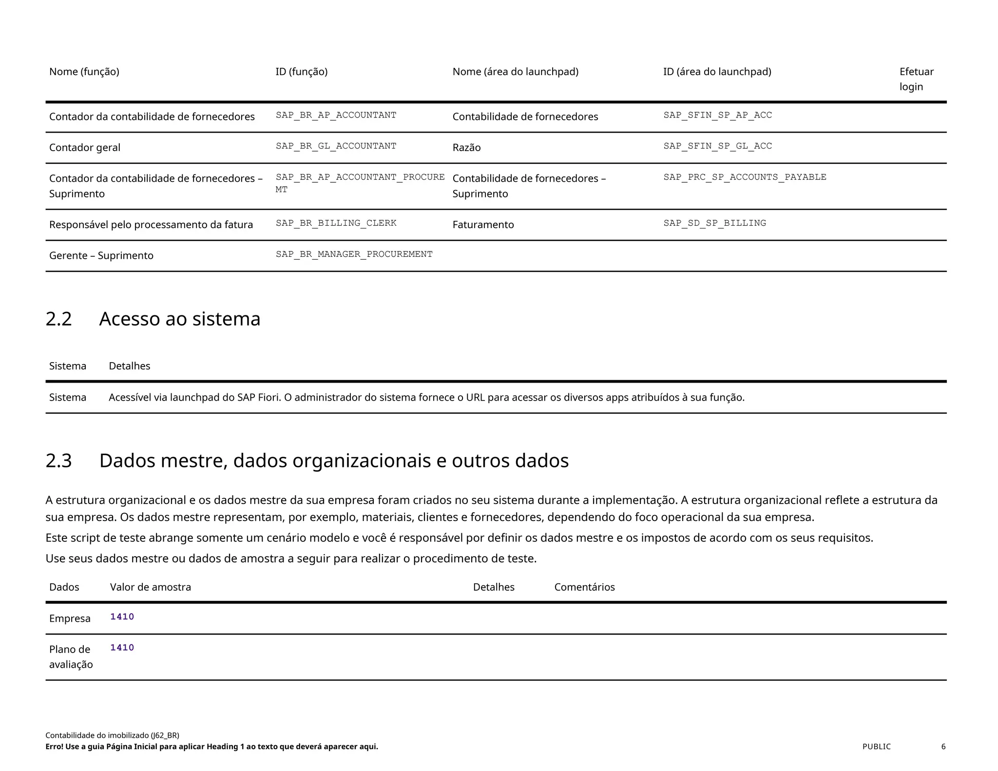 Nome (função) ID (função) Nome (área do launchpad) ID (área do launchpad) Efetuar
login
Contador da contabilidade de fornecedores SAP_BR_AP_ACCOUNTANT Contabilidade de fornecedores SAP_SFIN_SP_AP_ACC
Contador geral SAP_BR_GL_ACCOUNTANT Razão SAP_SFIN_SP_GL_ACC
Contador da contabilidade de fornecedores –
Suprimento
SAP_BR_AP_ACCOUNTANT_PROCURE
MT
Contabilidade de fornecedores –
Suprimento
SAP_PRC_SP_ACCOUNTS_PAYABLE
Responsável pelo processamento da fatura SAP_BR_BILLING_CLERK Faturamento SAP_SD_SP_BILLING
Gerente – Suprimento SAP_BR_MANAGER_PROCUREMENT
2.2 Acesso ao sistema
Sistema Detalhes
Sistema Acessível via launchpad do SAP Fiori. O administrador do sistema fornece o URL para acessar os diversos apps atribuídos à sua função.
2.3 Dados mestre, dados organizacionais e outros dados
A estrutura organizacional e os dados mestre da sua empresa foram criados no seu sistema durante a implementação. A estrutura organizacional reflete a estrutura da
sua empresa. Os dados mestre representam, por exemplo, materiais, clientes e fornecedores, dependendo do foco operacional da sua empresa.
Este script de teste abrange somente um cenário modelo e você é responsável por definir os dados mestre e os impostos de acordo com os seus requisitos.
Use seus dados mestre ou dados de amostra a seguir para realizar o procedimento de teste.
Dados Valor de amostra Detalhes Comentários
Empresa 1410
Plano de
avaliação
1410
Contabilidade do imobilizado (J62_BR)
Erro! Use a guia Página Inicial para aplicar Heading 1 ao texto que deverá aparecer aqui. PUBLIC 6
 
