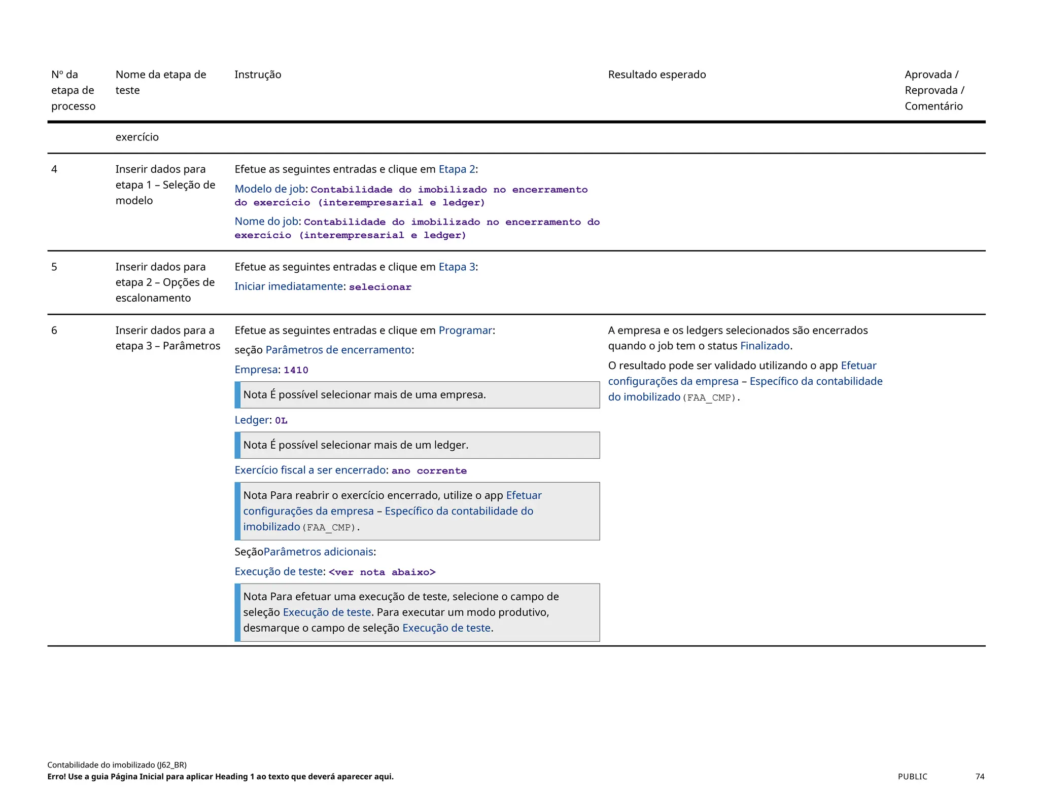 Nº da
etapa de
processo
Nome da etapa de
teste
Instrução Resultado esperado Aprovada /
Reprovada /
Comentário
exercício
4 Inserir dados para
etapa 1 – Seleção de
modelo
Efetue as seguintes entradas e clique em Etapa 2:
Modelo de job: Contabilidade do imobilizado no encerramento
do exercício (interempresarial e ledger)
Nome do job: Contabilidade do imobilizado no encerramento do
exercício (interempresarial e ledger)
5 Inserir dados para
etapa 2 – Opções de
escalonamento
Efetue as seguintes entradas e clique em Etapa 3:
Iniciar imediatamente: selecionar
6 Inserir dados para a
etapa 3 – Parâmetros
Efetue as seguintes entradas e clique em Programar:
seção Parâmetros de encerramento:
Empresa: 1410
Nota É possível selecionar mais de uma empresa.
Ledger: 0L
Nota É possível selecionar mais de um ledger.
Exercício fiscal a ser encerrado: ano corrente
Nota Para reabrir o exercício encerrado, utilize o app Efetuar
configurações da empresa – Específico da contabilidade do
imobilizado(FAA_CMP).
SeçãoParâmetros adicionais:
Execução de teste: <ver nota abaixo>
Nota Para efetuar uma execução de teste, selecione o campo de
seleção Execução de teste. Para executar um modo produtivo,
desmarque o campo de seleção Execução de teste.
A empresa e os ledgers selecionados são encerrados
quando o job tem o status Finalizado.
O resultado pode ser validado utilizando o app Efetuar
configurações da empresa – Específico da contabilidade
do imobilizado(FAA_CMP).
Contabilidade do imobilizado (J62_BR)
Erro! Use a guia Página Inicial para aplicar Heading 1 ao texto que deverá aparecer aqui. PUBLIC 74
 