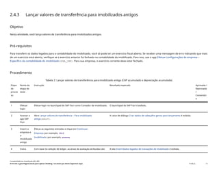 2.4.3 Lançar valores de transferência para imobilizados antigos
Objetivo
Nesta atividade, você lança valores de transferência para imobilizados antigos.
Pré-requisitos
Para transferir os dados legados para a contabilidade do imobilizado, você só pode ter um exercício fiscal aberto. Se receber uma mensagem de erro indicando que mais
de um exercício está aberto, verifique se o exercício anterior foi fechado na contabilidade do imobilizado. Para isso, use o app Efetuar configurações da empresa –
Específico da contabilidade do imobilizado(FAA_CMP). Para sua empresa, o exercício corrente deve estar fechado.
Procedimento
Tabela 2: Lançar valores de transferência para imobilizado antigo (CAP acumulado e depreciação acumulada)
Etapa
de
proces
so
Nome da
etapa de
teste
Instrução Resultado esperado Aprovada /
Reprovada
/
Comentári
o
1 Efetuar
login
Efetue login no launchpad do SAP Fiori como Contador de imobilizado. O launchpad do SAP Fiori é exibido.
2 Acessar o
app SAP
Fiori
Abra Lançar valores de transferência – Para imobilizado
antigo(ABLDT).
A caixa de diálogo Criar dados de cabeçalho gerais para lançamento é exibida.
3 Inserir a
empresa e
o
imobilizado
antigo
Efetue as seguintes entradas e clique em Continuar:
Empresa: por exemplo, 1410
Imobilizado: por exemplo, xxxxxx
4 Insira Com base na seleção de ledger, as áreas de avaliação atribuídas são A tela Inserirdados legados de transações de imobilizado é exibida.
Contabilidade do imobilizado (J62_BR)
Erro! Use a guia Página Inicial para aplicar Heading 1 ao texto que deverá aparecer aqui. PUBLIC 13
 