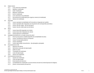 4.2 Dados mestre
4.2.1 Criar mestre de imobilizado
4.2.2 Modificar imobilizado
4.2.3 Exibir imobilizado
4.2.4 Bloquear imobilizados
4.2.5 Excluir imobilizado
4.2.6 Criar subnúmero do imobilizado
4.2.7 Documentos de modificação para registros mestre do imobilizado
4.2.8 Valores do imobilizado
4.3 Aquisição
4.3.1 Lançar aquisição (contabilidade de fornecedores integrada) sem pedido
4.3.2 Lançar aquisição (não integrada) com lançamento de contrapartida automático
4.3.3 Lançar nota de crédito – No ano da fatura
4.3.4 Lançar nota de crédito após ano da fatura
4.4 Baixa
4.4.1 Lançar baixa (AR integrada) com cliente
4.4.2 Lançar baixa (não integrada) sem cliente
4.4.3 Lançar baixa por sucateamento
4.5 Avaliação (transferência e correção manual do valor)
4.5.1 Estornar documento contábil (específico da contabilidade do ativo)
4.5.2 Lançar Transferência interna na empresa
4.5.3 Lançar Incorporação posterior
4.5.4 Lançar reavaliação
4.5.5 Lançar depreciação manualmente - não planejada e planejada
4.6 Encerramento do mês
4.6.1 Recálculo de valores
4.6.2 Administrar execução de depreciação
4.6.3 Saldos do ativo
4.6.4 Transações de imobilizado
4.6.5 Listas de depreciação
4.6.6 Valores do imobilizado
4.7 Encerramento do exercício
4.7.1 Quadro do imobilizado
4.7.2 Listas de depreciação
4.7.3 Encerramento do exercício
4.7.4 Contabilidade do imobilizado no encerramento do exercício (interempresarial e ledgers)
4.7.5 Anular o encerramento do exercício
Contabilidade do imobilizado (J62_BR)
Erro! Use a guia Página Inicial para aplicar Heading 1 ao texto que deverá aparecer aqui. PUBLIC 2
 