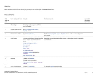 Objetivo
Nesta atividade, você cria uma requisição de compra com classificação contábil A (Imobilizado).
Procedimento
Nº da
etapa de
teste
Nome da etapa de teste Instrução Resultado esperado Aprovada /
Reprovada /
Comentário
1 Efetuar login Efetue login no launchpad do SAP Fiori
como Comprador.
2 Acessar o app SAP Fiori Abra Criar requisição de compra -
Ampliado(ME51N).
3 Revisar síntese de itens Amplie Síntese dos itens. A visão Criar requisição de compra - Ampliado(ME51N) exibe os campos disponíveis
para entrada.
4 Inserir dados Conclua a informação da partida individual
para os campos seguintes e selecione
Enter:
A (ctg. classificação contábil): A
Material: TG11
Quantidade: xx
Centro: 1410
GrC (grp.compr.): 001
Fornecedor desejado: por exemplo,
14300001
OrgC (org.compras): 1410
A tela exibe as informações detalhadas do item. A classificação contábil A representa
um imobilizado.
4,1 Avaliação Clique na guia Avaliação.
Efetue as seguintes entradas:
Preço do pedido: Como opção de preço
líquido
5 Insira o imobilizado, a Complete o Imobilizado, a Os valores do pedido são modificados.
Contabilidade do imobilizado (J62_BR)
Erro! Use a guia Página Inicial para aplicar Heading 1 ao texto que deverá aparecer aqui. PUBLIC 21
 