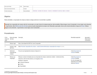 ID do caso de teste <X.XX> Data de testes:
Nome do executante de teste: Duração:
Funções empresariais: Responsabilidade: <Confirme o provedor de serviços, cliente ou fornecedor de serviço comum e cliente>
Objetivo
Nesta atividade, a requisição de compra (criada na etapa anterior) é convertida no pedido.
Atenção Se a requisição de compra não for encontrada, um valor limiar do release pode ter sido excedido. Efetue logout como Comprador e novo login como Gerente
– Suprimento. Abra Minha caixa de entrada e procure pela requisição de compra a ser liberada e aprovada. Insira uma nota de decisão e clique em Enviar. Efetue
logout como Gerente – Suprimento e novo login como Comprador.
Procedimento
Nº da
etapa de
teste
Nome da etapa
de teste
Instrução Resultado esperado Aprovada /
Reprovada /
Comentário
1 Efetuar login Abra o launchpad do SAP Fiori como Comprador.
2 Acessar o app
SAP Fiori
Abra Processar requisições de compra – anteriormente Administrar requisições de compra(F1048).
3 Selecionar
requisição de
compra
Procure sua requisição de compra e clique em Ir. A tela Requisições de
compra é exibida.
4 Revisar sua
requisição
Marque o campo de seleção para sua requisição de compra e selecione o botão > à direita da linha.
Selecione o item do documento e, em seguida, Editar.
Verifique o seguinte:
● Grupo de materiais
● Centro
● Quantidade
A tela Requisições de
compra é exibida.
Se uma mensagem de
advertência for exibida,
selecione Rejeitar.
Contabilidade do imobilizado (J62_BR)
Erro! Use a guia Página Inicial para aplicar Heading 1 ao texto que deverá aparecer aqui. PUBLIC 23
 