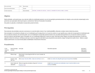 ID do caso de teste <X.XX> Data de testes:
Nome do executante de teste: Duração:
Funções empresariais: Responsabilidade: <Confirme o provedor de serviços, cliente ou fornecedor de serviço comum e cliente>
Objetivo
Nesta atividade, você pode lançar uma nota de crédito do imobilizado posterior ao ano da aquisição automaticamente em relação a uma conta de compensação como
parte das suas operações diárias (principal ou subnúmero). Nenhum fornecedor é envolvido.
Isto pode ser aplicado a imobilizados incorporados posteriormente.
Pré-requisitos
Para executar esta atividade, execute os processos no script de dados mestre Criar imobilizado(BNI), utilizando os dados mestre deste documento.
Esta transação é normalmente utilizada com um imobilizado que foi adquirido em um exercício anterior (o que significa que a data de incorporação do imobilizado está
em um exercício anterior). Se você não puder criar um imobilizado incorporado posteriormente com uma data de lançamento em um exercício anterior porque o
exercício anterior está fechado, teste a transação com um imobilizado adquirido no exercício atual. Você deve utilizar depois uma data de lançamento no exercício
seguinte. Antes de continuar, certifique-se de que o exercício seguinte está aberto para lançamento executando a etapa Transporte do saldo inicial – Razão na seção
Etapas preliminares no script de teste (J58) Contabilidade e fechamento financeiro.
Procedimento
Nº da
etapa de
teste
Nome da etapa
de teste
Instrução Resultado esperado Aprovada /
Reprovada /
Comentário
1 Efetuar login Efetue login no launchpad do SAP Fiori como Contador de
imobilizado.
2 Acessar o app
SAP Fiori
Abra Lançar nota de crédito – Após ano da fatura(ABGF). A tela Criar dados de cabeçalho gerais para lançamento é exibida.
3 Inserir dados de
cabeçalho
Efetue as seguintes entradas e clique em Continuar:
Empresa: 1410
A tela Entrar movimento do imobilizado: inserir nota de crédito no ano
da fatura é exibida.
Contabilidade do imobilizado (J62_BR)
Erro! Use a guia Página Inicial para aplicar Heading 1 ao texto que deverá aparecer aqui. PUBLIC 43
 