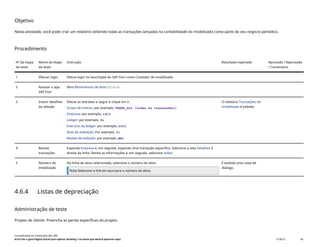 Objetivo
Nesta atividade, você pode criar um relatório exibindo todas as transações lançadas na contabilidade do imobilizado como parte do seu negócio periódico.
Procedimento
Nº da etapa
de teste
Nome da etapa
de teste
Instrução Resultado esperado Aprovada / Reprovada
/ Comentário
1 Efetuar login Efetue login no launchpad do SAP Fiori como Contador de imobilizado.
2 Acessar o app
SAP Fiori
Abra Movimentos de ativo(F1614).
3 Inserir detalhes
da seleção
Efetue as entradas a seguir e clique em Ir.
Grupo de índices: por exemplo, TRANS_ALL (todas as transações))
Empresa: por exemplo, 1410
Ledger: por exemplo, 0L
Exercício do ledger: por exemplo, 2023
Área de avaliação: Por exemplo, 01
Moeda de exibição: por exemplo, BRL
O relatório Transações do
imobilizado é exibido.
4 Revisar
transações
Expanda Empresa e, em seguida, expanda uma transação específica. Selecione a seta Detalhes à
direita da linha. Revise as informações e, em seguida, selecione Voltar.
5 Número do
imobilizado
Na linha do ativo selecionada, selecione o número do ativo.
Nota Selecione o link em azul para o número do ativo.
É exibida uma caixa de
diálogo.
4.6.4 Listas de depreciação
Administração de teste
Projeto de cliente: Preencha as partes específicas do projeto.
Contabilidade do imobilizado (J62_BR)
Erro! Use a guia Página Inicial para aplicar Heading 1 ao texto que deverá aparecer aqui. PUBLIC 66
 