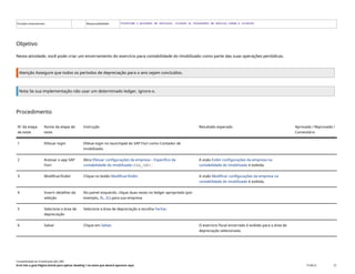 Funções empresariais: Responsabilidade: <Confirme o provedor de serviços, cliente ou fornecedor de serviço comum e cliente>
Objetivo
Nesta atividade, você pode criar um encerramento do exercício para contabilidade do imobilizado como parte das suas operações periódicas.
Atenção Assegure que todos os períodos de depreciação para o ano sejam concluídos.
Nota Se sua implementação não usar um determinado ledger, ignore-o.
Procedimento
Nº da etapa
de teste
Nome da etapa de
teste
Instrução Resultado esperado Aprovada / Reprovada /
Comentário
1 Efetuar login Efetue login no launchpad do SAP Fiori como Contador de
imobilizado.
2 Acessar o app SAP
Fiori
Abra Efetuar configurações da empresa – Específico da
contabilidade do imobilizado(FAA_CMP).
A visão Exibir configurações da empresa na
contabilidade do imobilizado é exibida.
3 Modificar/Exibir Clique no botão Modificar/Exibir. A visão Modificar configurações da empresa na
contabilidade do imobilizado é exibida.
4 Inserir detalhes da
seleção
No painel esquerdo, clique duas vezes no ledger apropriado (por
exemplo, 0L, 2L) para sua empresa.
5 Selecione a área de
depreciação
Selecione a área de depreciação e escolha Fechar.
6 Salvar Clique em Salvar. O exercício fiscal encerrado é exibido para a área de
depreciação selecionada.
Contabilidade do imobilizado (J62_BR)
Erro! Use a guia Página Inicial para aplicar Heading 1 ao texto que deverá aparecer aqui. PUBLIC 72
 