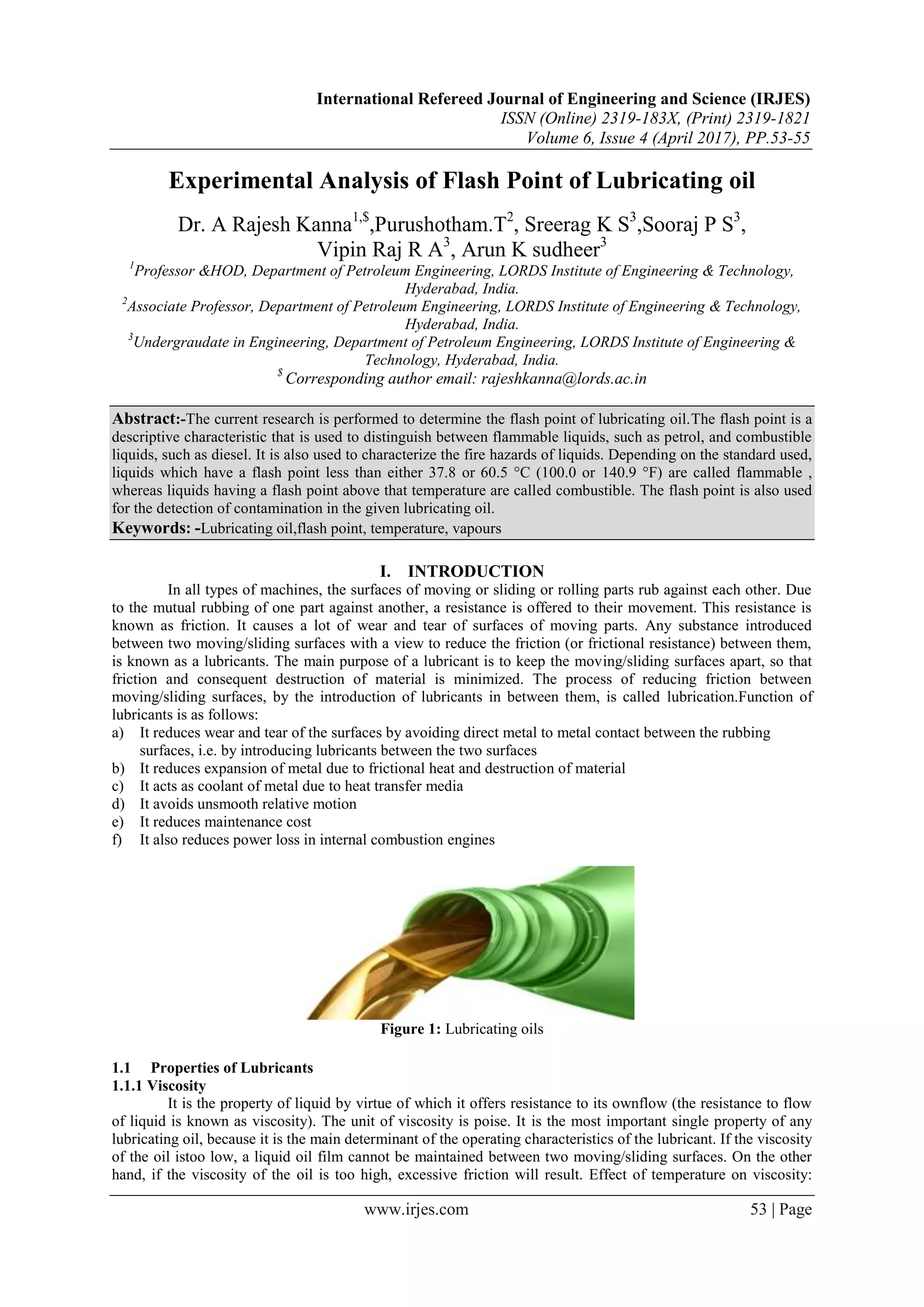 Experimental Analysis of Flash Point of Lubricating oil PDF