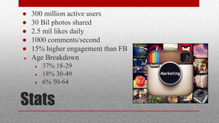 Stats
 300 million active users
 30 Bil photos shared
 2.5 mil likes daily
 1000 comments/second
 15% higher engagement than FB
 Age Breakdown
 37% 18-29
 18% 30-49
 6% 50-64
 