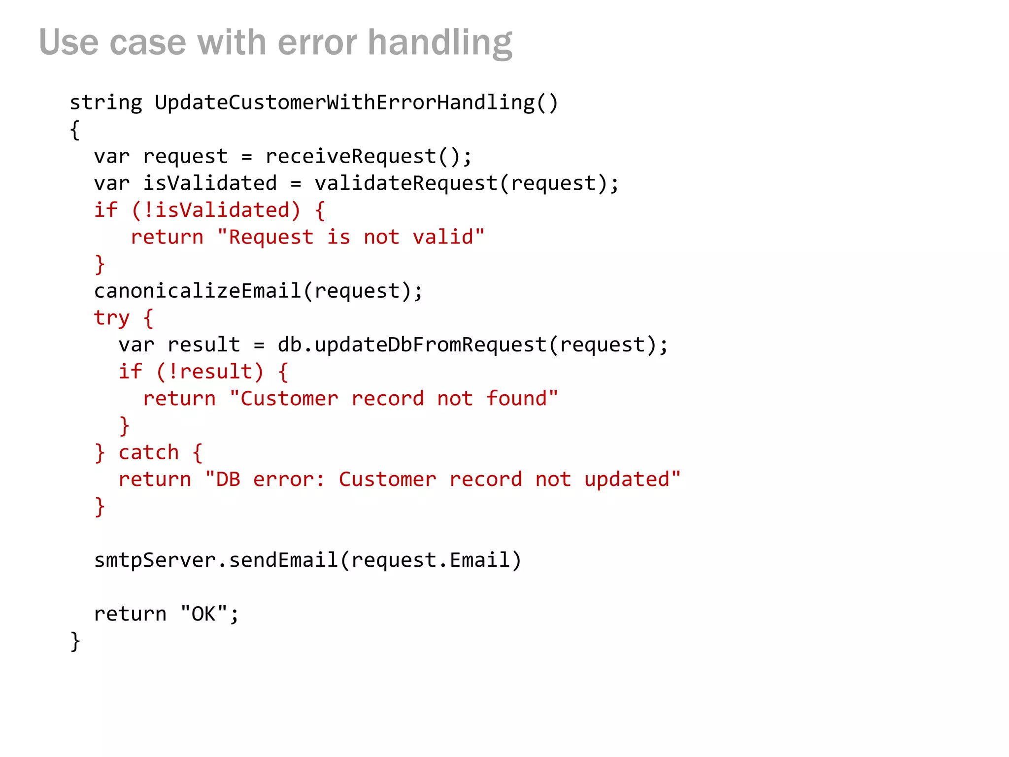 Use case with error handling 
string UpdateCustomerWithErrorHandling() 
{ 
var request = receiveRequest(); 
var isValidated = validateRequest(request); 
if (!isValidated) { 
return "Request is not valid" 
} 
canonicalizeEmail(request); 
try { 
var result = db.updateDbFromRequest(request); 
if (!result) { 
return "Customer record not found" 
} 
} catch { 
return "DB error: Customer record not updated" 
} 
smtpServer.sendEmail(request.Email) 
return "OK"; 
}  