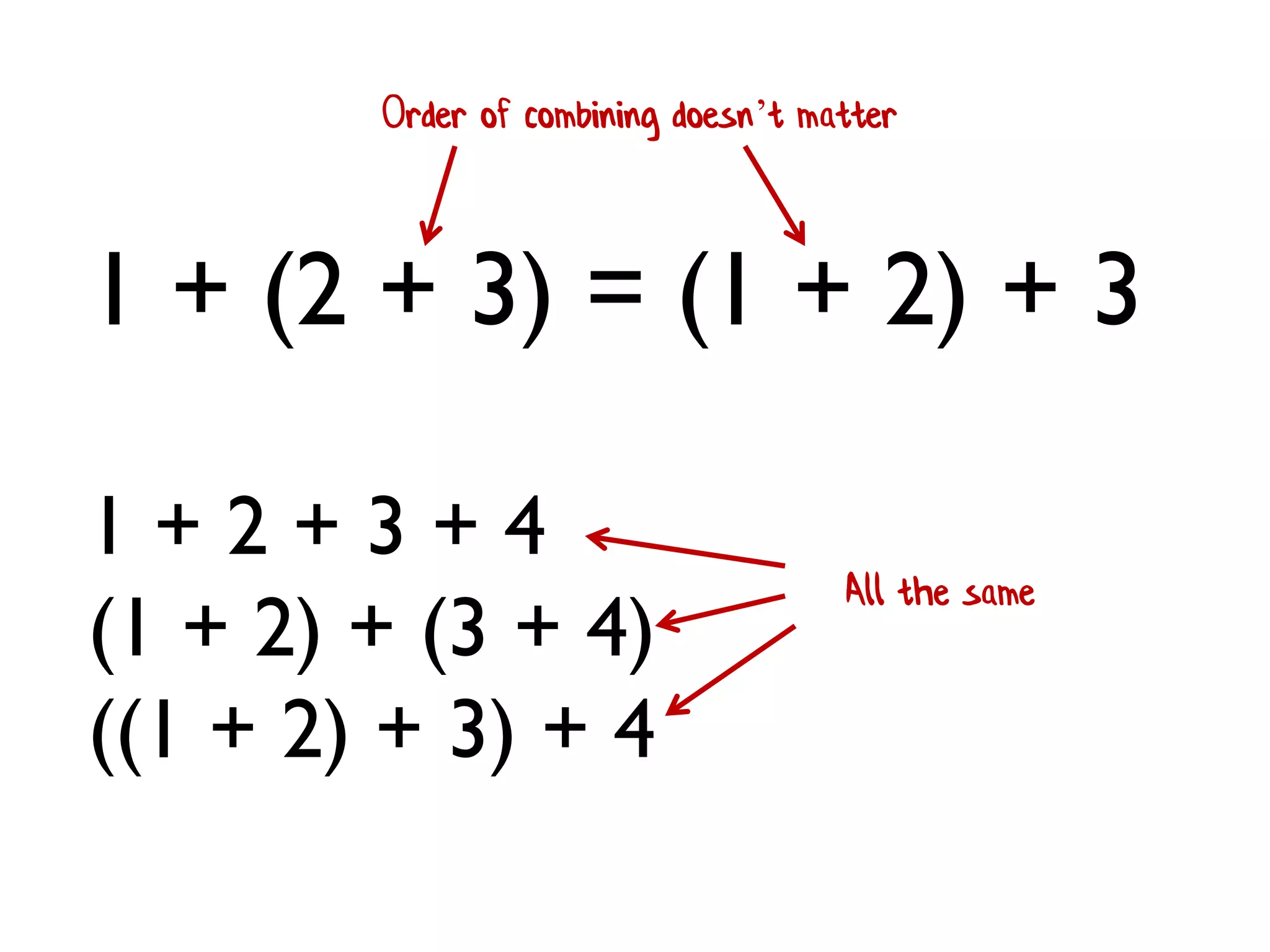 1 + (2 + 3) = (1 + 2) + 3 
Order of combining doesn’t matter 
1 + 2 + 3 + 4 (1 + 2) + (3 + 4) 
((1 + 2) + 3) + 4 
All the same  