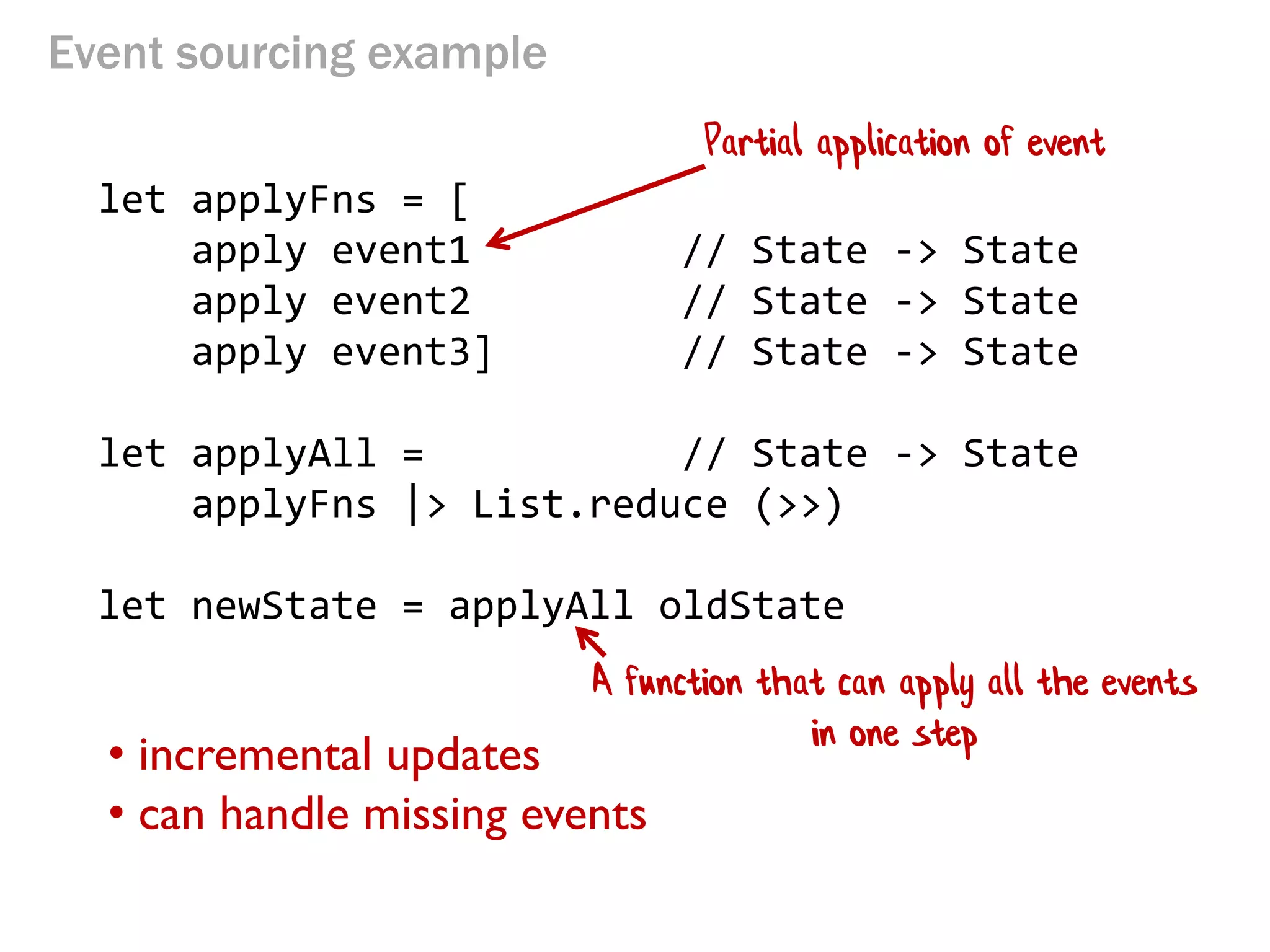 Event sourcing example 
let applyFns = [ 
apply event1 // State -> State 
apply event2 // State -> State 
apply event3] // State -> State 
let applyAll = // State -> State 
applyFns |> List.reduce (>>) 
let newState = applyAll oldState 
• incremental updates 
• can handle missing events 
Partial application of event 
A function that can apply all the events in one step  