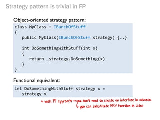 Strategy pattern is trivial in FP 
class MyClass 
{ 
public MyClass(IBunchOfStuff strategy) {..} 
int DoSomethingWithStuff(int x) { 
return _strategy.DoSomething(x) 
} 
} 
Object-oriented strategy pattern: 
Functional equivalent: 
let DoSomethingWithStuff strategy x = 
strategy x  