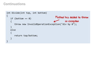 Continuations 
int Divide(int top, int bottom) { 
if (bottom == 0) 
{ 
throw new InvalidOperationException("div by 0"); 
} 
else 
{ 
return top/bottom; 
} 
} 
Method has decided to throw an exception  