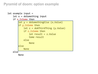 Pyramid of doom: option example 
let example input = 
let x = doSomething input 
if x.IsSome then 
let y = doSomethingElse (x.Value) 
if y.IsSome then 
let z = doAThirdThing (y.Value) 
if z.IsSome then 
let result = z.Value 
Some result 
else 
None 
else 
None 
else 
None  